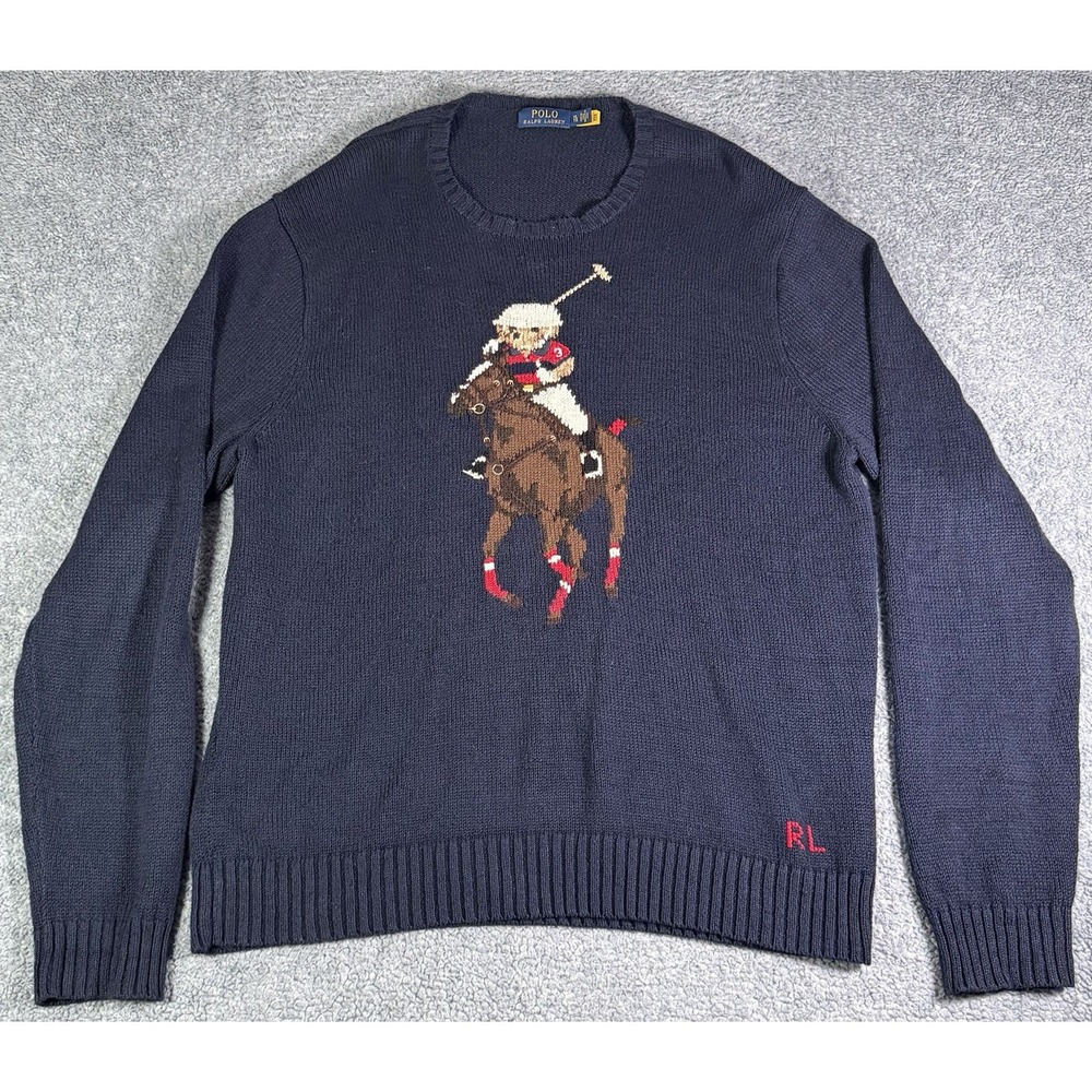 Polo Ralph Lauren Navy Blue XL Cotton Linen Polo Player Bear & Big Pony Sweater